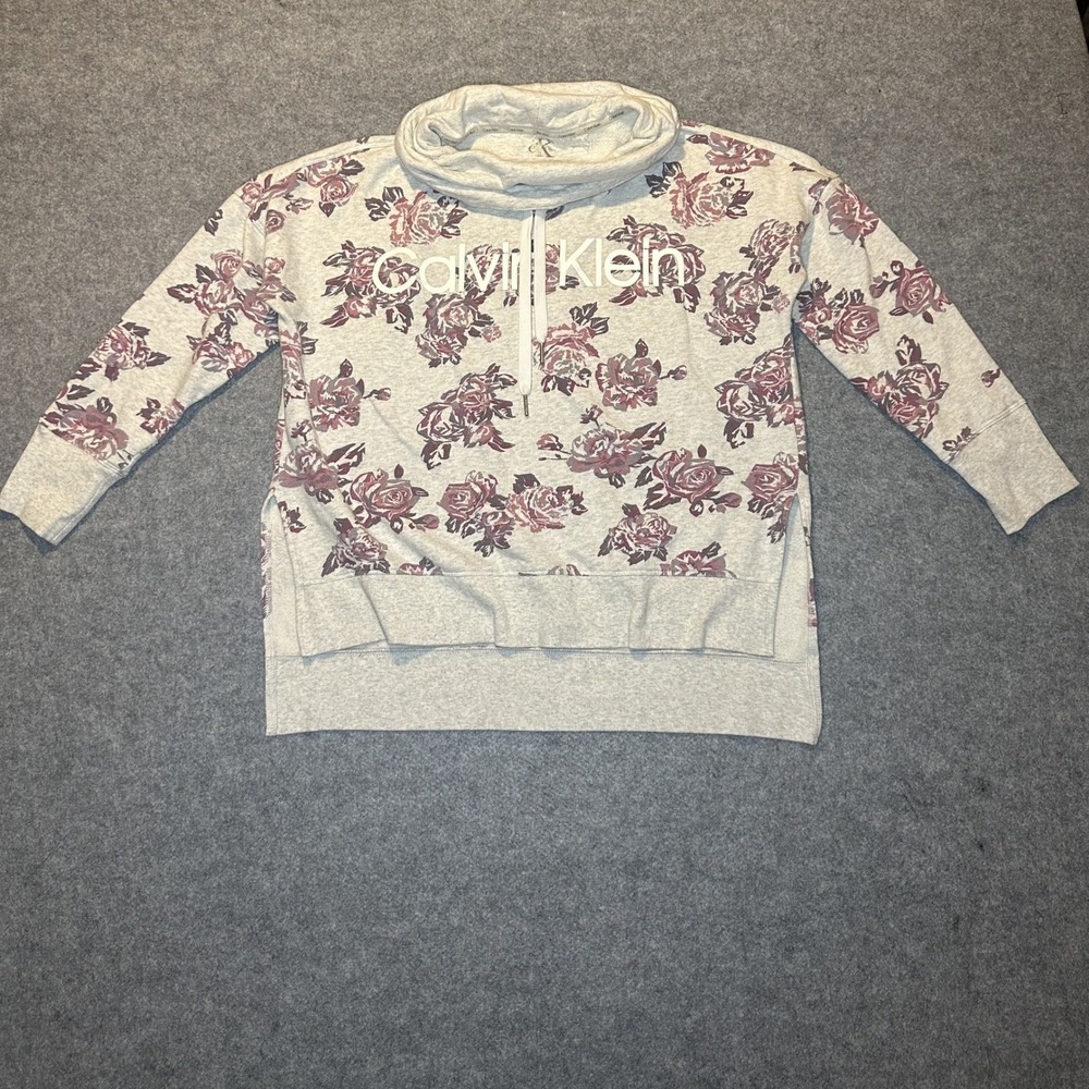 Calvin Klein Performance Floral Sweatshirt Medium Grey Purple Cowl Neck Pullover